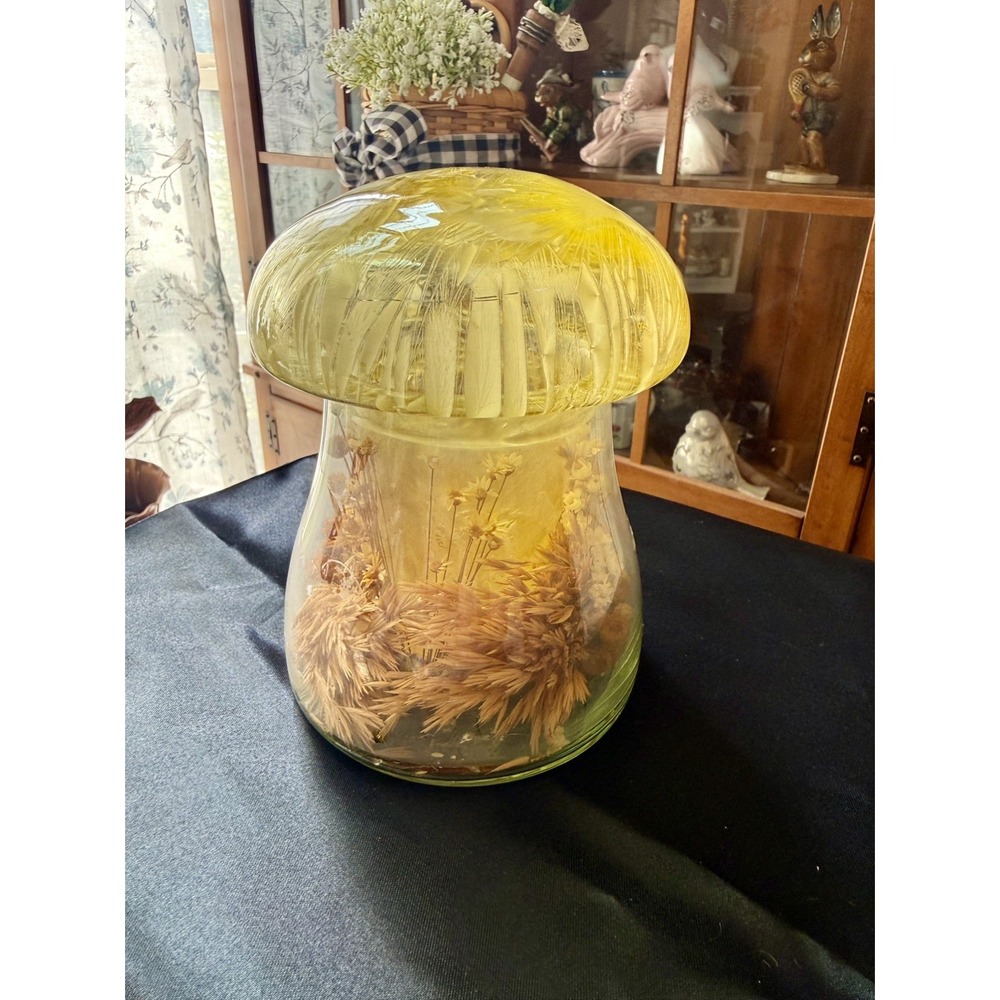 VTG 70's  Mushroom Shaped Terrarium Jar W/ Dried Flowers & Candle